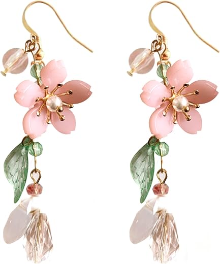 LAKIYOYO Pink Flower Dangle Earrings for Women Cute Pearl Leaf Sakura Leaf Earrings Fairy Statement Summer Refreshing Seas...