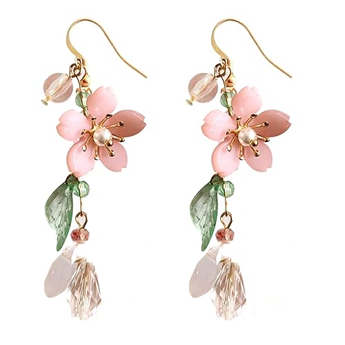 Pink Flower Dangle Earrings for Women Cute Asymmetry Flower Earrings