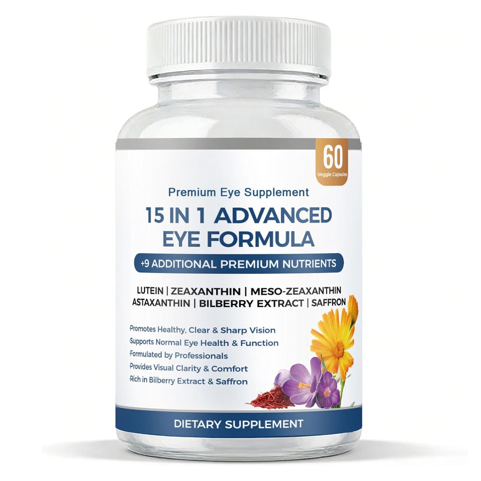 15 in 1 Advanced Eye Formula with All 3 Carotenoids, Lutein & Zeaxanthin, Saffron & Bilberry Extract 60 Count (Pack of 1)