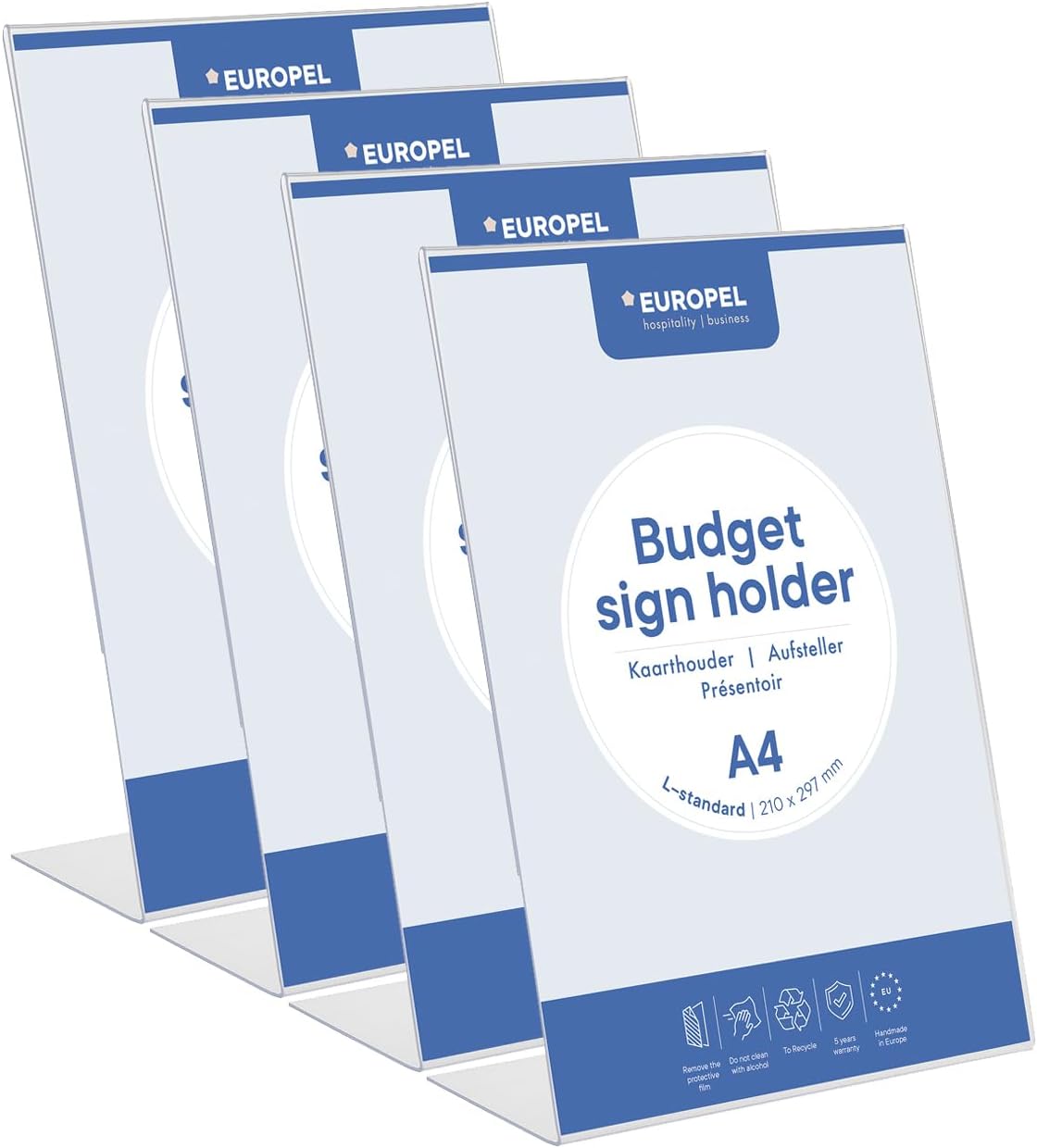 Europel Budget Table Stands, Pack of 4 pcs, L Stand, DIN A4 High, Crystal Clear Polystyrene 1.5 mm, Menu & Brochure Stands for Restaurants, Hotels, Conference & Reception