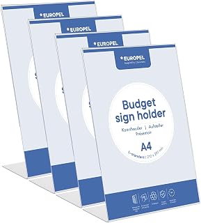 Europel Budget Table Stands, Pack of 4 pcs, L Stand, DIN A4 High, Crystal Clear Polystyrene 1.5 mm, Menu & Brochure Stands for Restaurants, Hotels, Conference & Reception