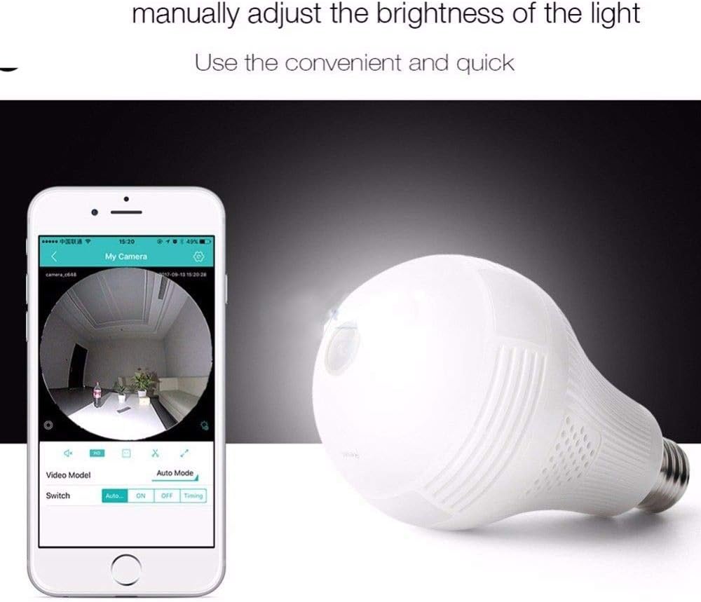 EVERSECU 360° Panoramic View 1080P WiFi IP Bulb Camera with FishEye Lens 360 Degree 3D VR Panoramic View Home Security CCTV Camera Wirelss Security Camera