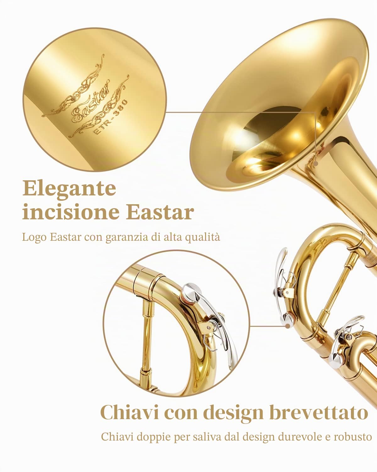 Eastar Tromba Standard Bb Set per Principianti, Strumento Tromba Studente in Ottone con Custodia Rigida, Kit di Pulizia, Bocchino 7C e Guanti, ETR-380, Oro