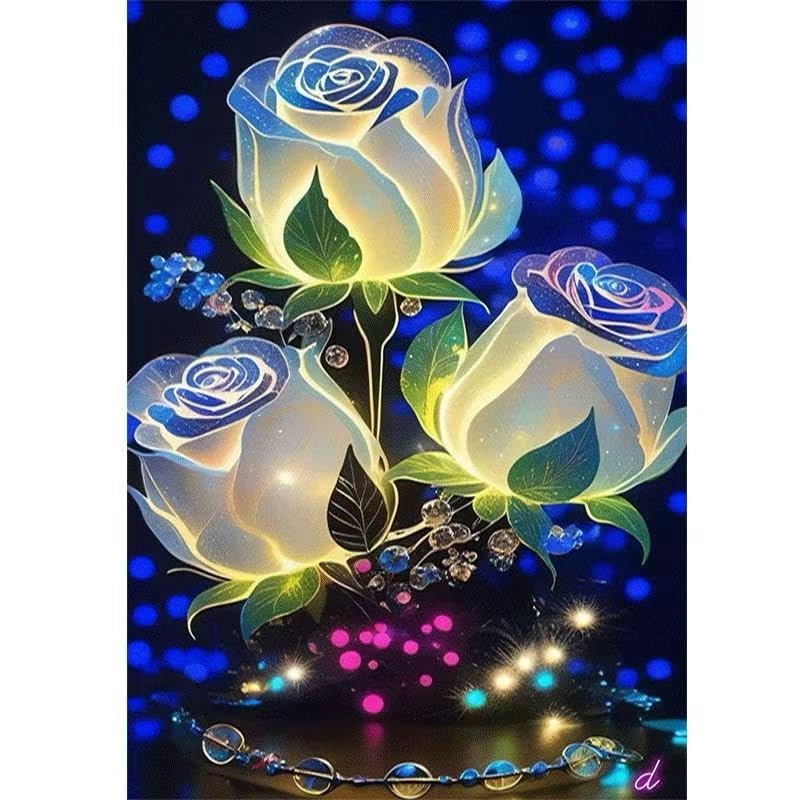 Luminous Three-Rose Flower Diamond Art Kits for Adults 5D Diamond Painting Kits for Beginners Glowing Rose Landscape DIY Diamond Dot Painting Gem Art Kits for Adult Home Wall Decor 12 x 16 inch