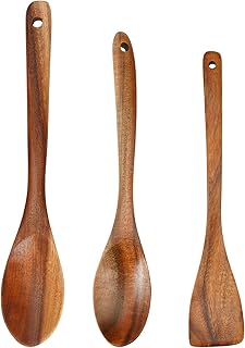 3 Pièces Cuillère de Cuisine en Bois, 30cm Spatule Bois Cuisine, Cuillère à Mélanger à Long Manche, Antiadhésive Cuillère en pour Cuisiner, pour les Woks et les Poêles