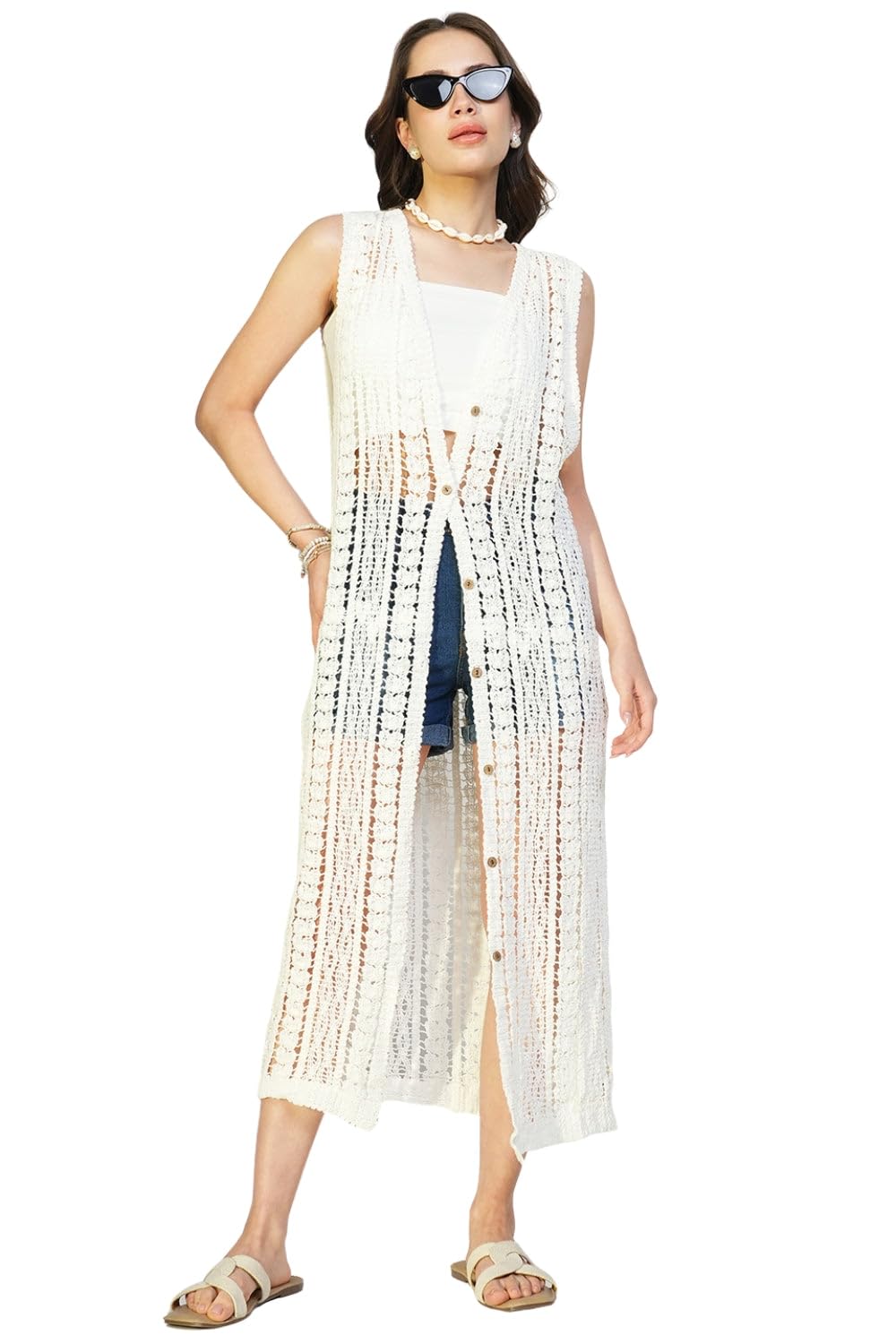 showoffff Edition Women's Crochet White Sleeveless Long Shrug with Buttons-CHN-8083_White-P-picture-46