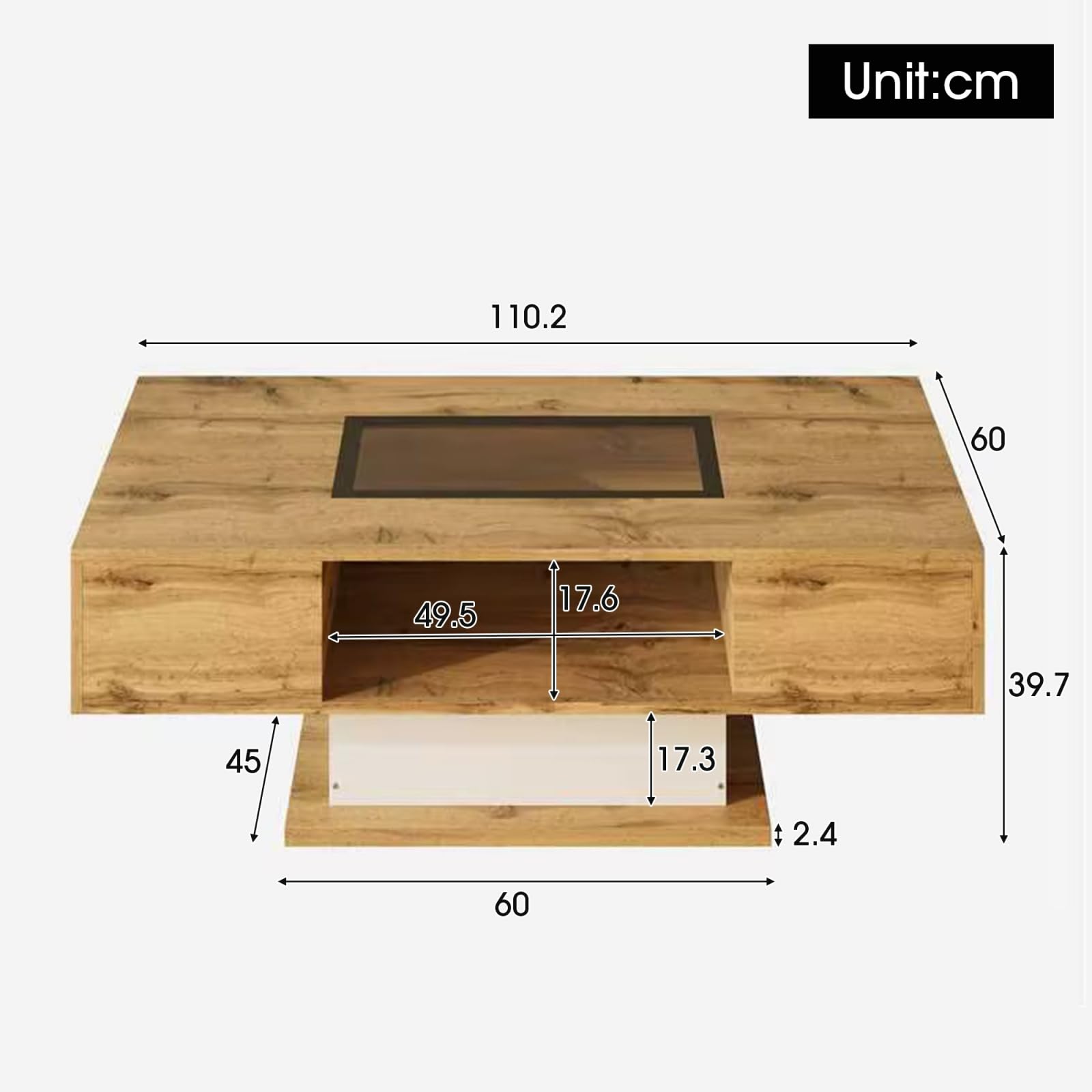 KOMHTOM Table Basse avec LED Table Basse Coffre avec 2 tiroirs et 1 Compartiment de Rangement Ouvert, Table d'appoint avec Plateau en Verre Meubles de Salon Modernes (A)