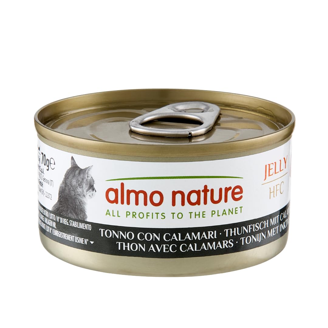 Almo Nature HFC Natural - Wet Cat Food - Tuna with Squid - Human Grade, Gluten Free - 70g, Pack of 6