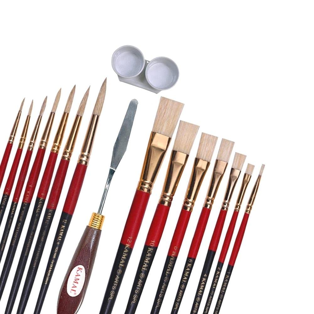 - Artist Quality Oil Painting Tool Kit with Flat and Round Hog Hair Brushes, Painting Knife and Double Dipper for Oil, Acrylic, Poster, Fabric, Encaustic Painting