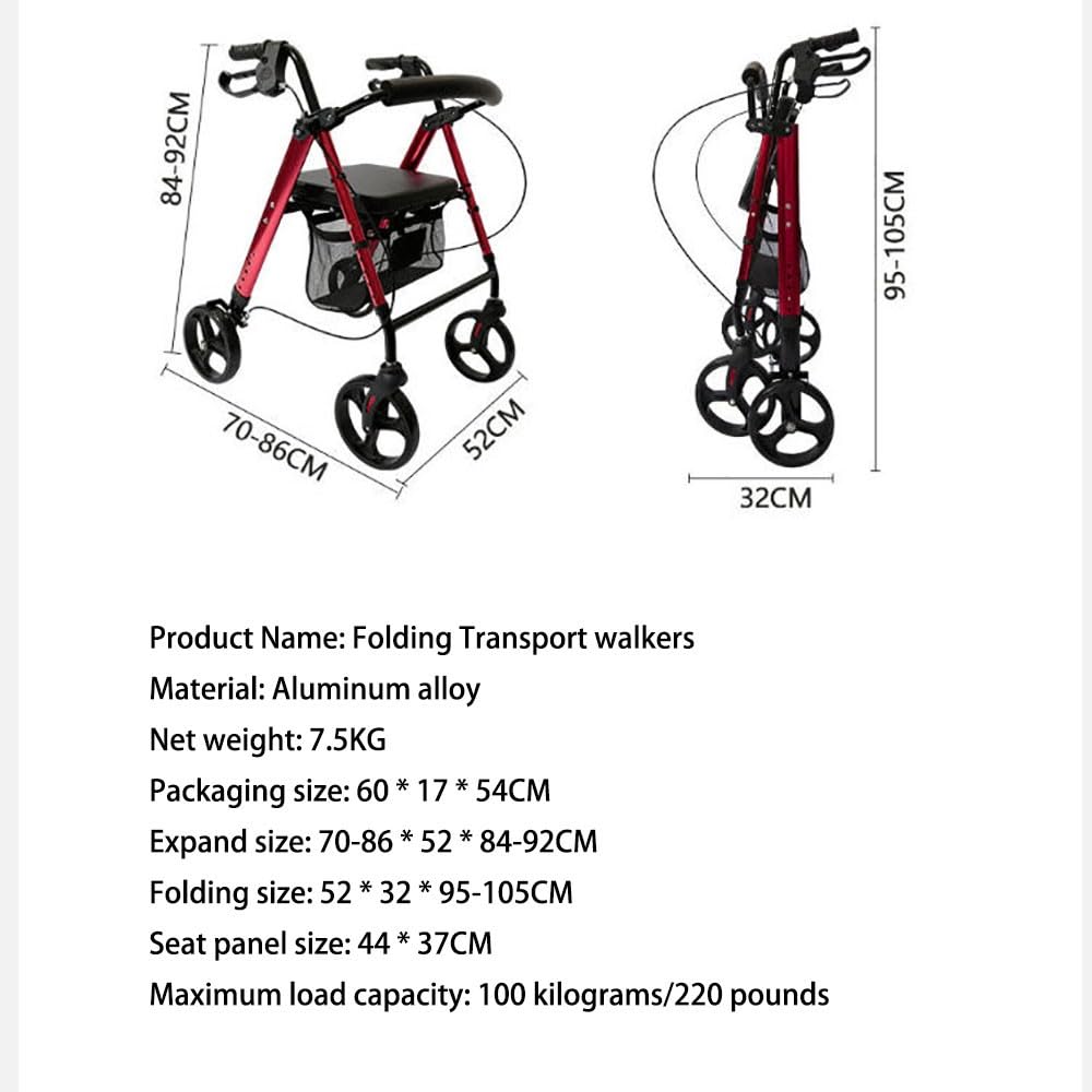 2 en 1 Rollator de silla de ruedas con asiento,Caminador ultraligero con freno de mano,Caminadores de transporte plegables portátiles,Rollator Drive,Aluminio