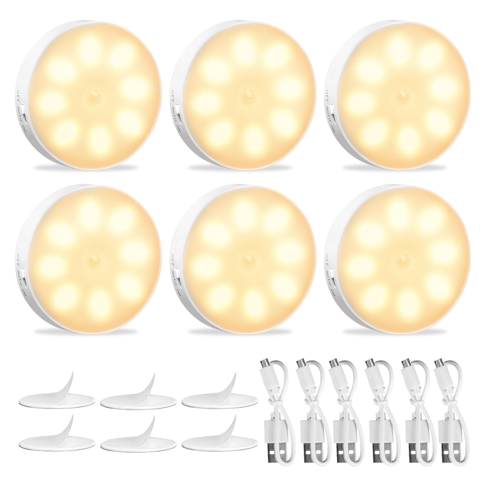 KEWUZY 6 Pack USB Rechargeable Automatic LED Night Light, 6000K Warm Yellow, Motion Sensor, Auto/On/Off, for Hallway Stairs