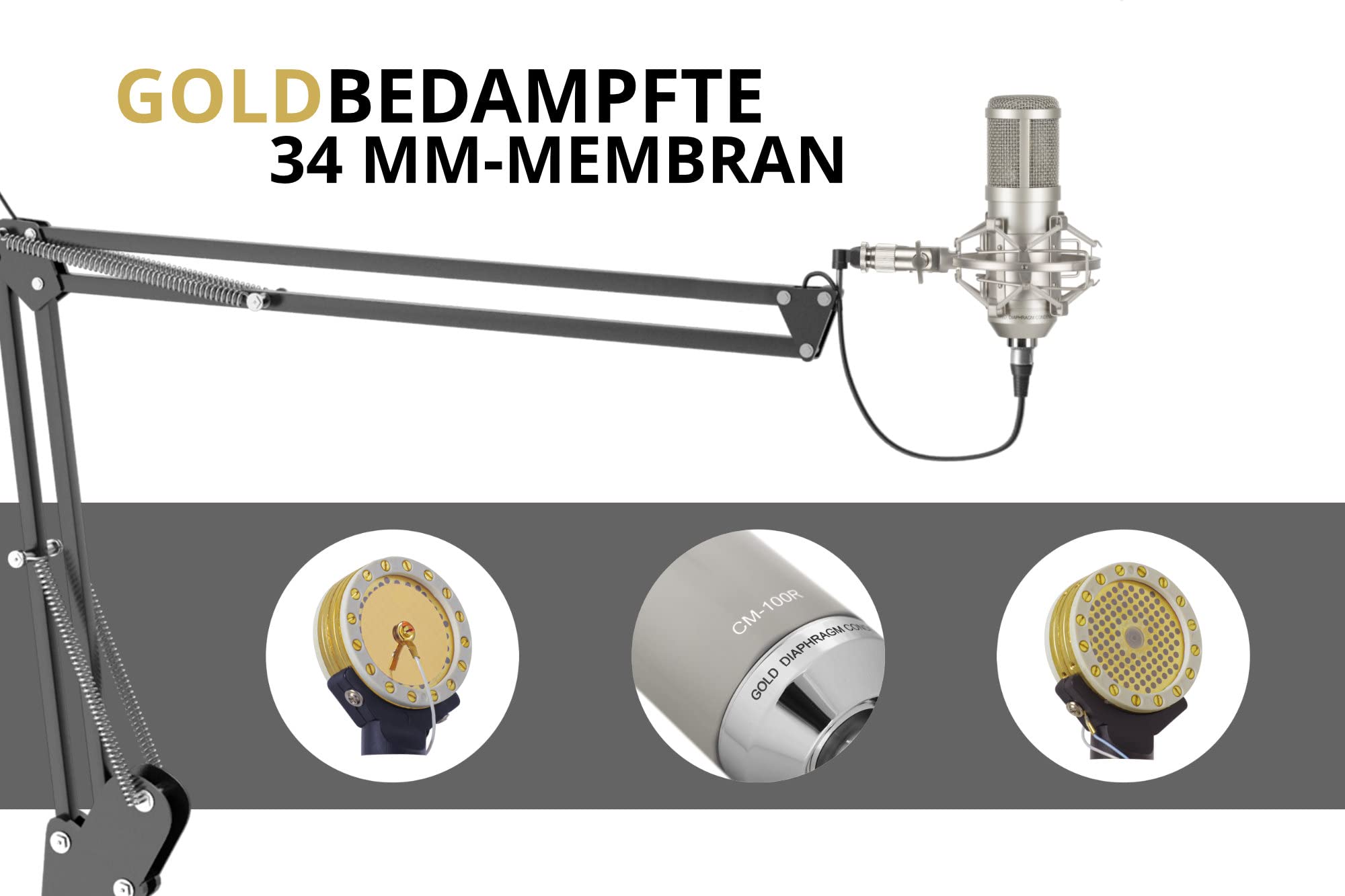 Pronomic CM-100S Studio Großmembranmikrofon XLR-Kondensatormikrofon inkl. Popkiller Set (mit Mikrofonspinne, Etui, Windschutz, Reduziergewinde und Mikro Popschutz) Silber
