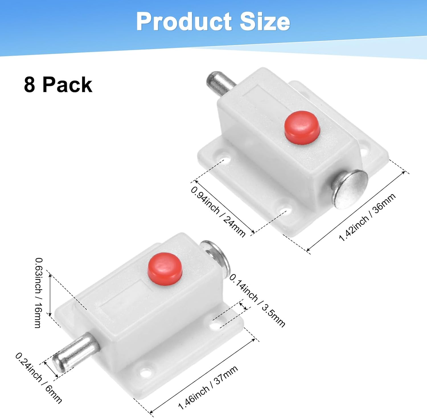 M METERXITY 8-Pack Plastic Push Button Spring Loaded Latch, 1.5x1.4 In/37x36mm Automatic Door Latch Lock Button Bolt Latches for Cabinet Door/Window/Drawer Closet Furniture [White]