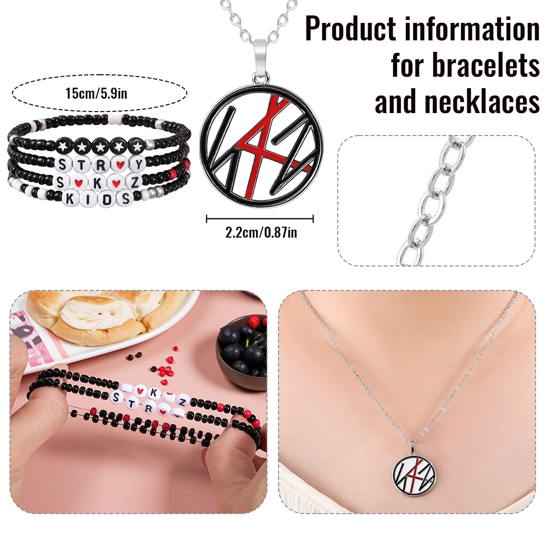 Stray Kids Juego de Collar y Pulsera con 4 Pulseras AcríLicas y 2 Photocard, Regalos Kpop, ArtíCulo Indispensable para Fans de Kpop, Pulsera y Collar para Hombres y Mujeres