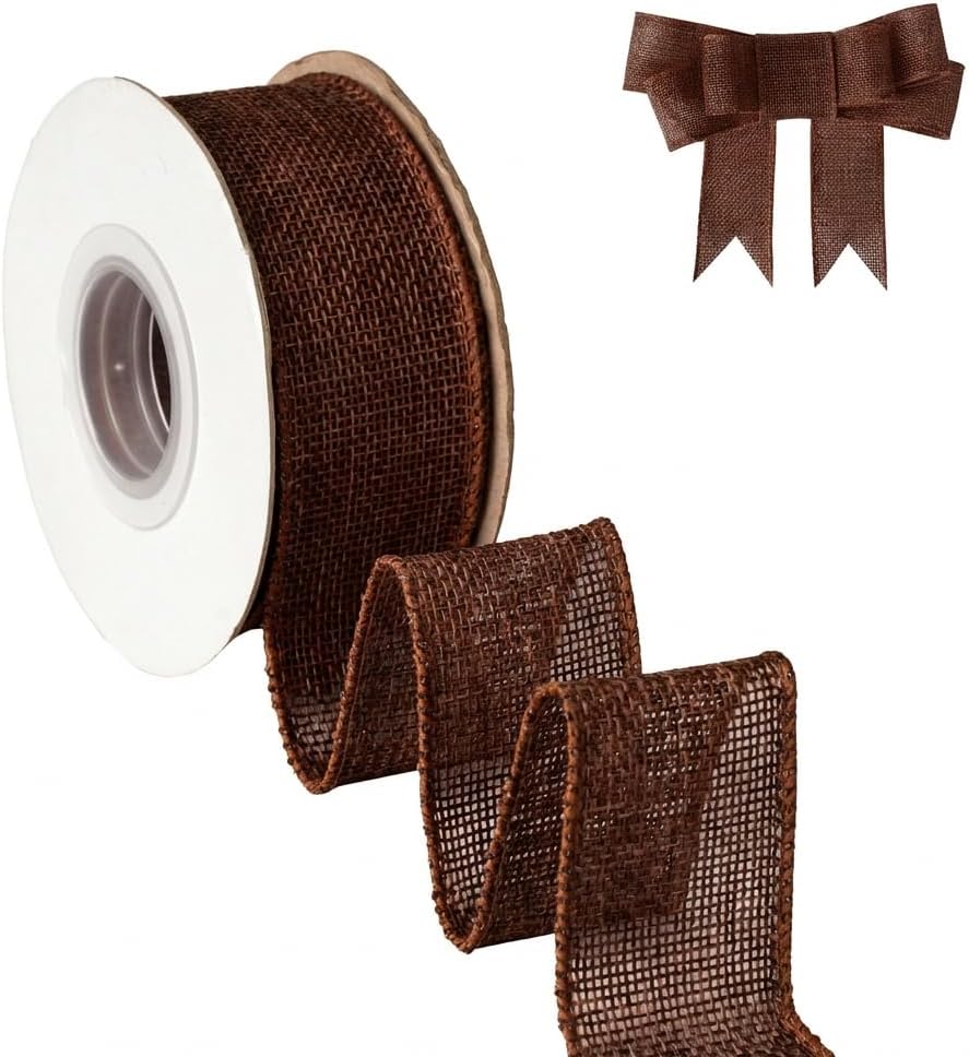 Brown Burlap Wired Ribbon, Solid Ribbon with Wire Edge for Big Bow, Wreath, Tree Decoration, Halloween, Thanksgiving Decoration, Gift Wrapping, 1 1/2 Inch x 5 Yards/Roll.