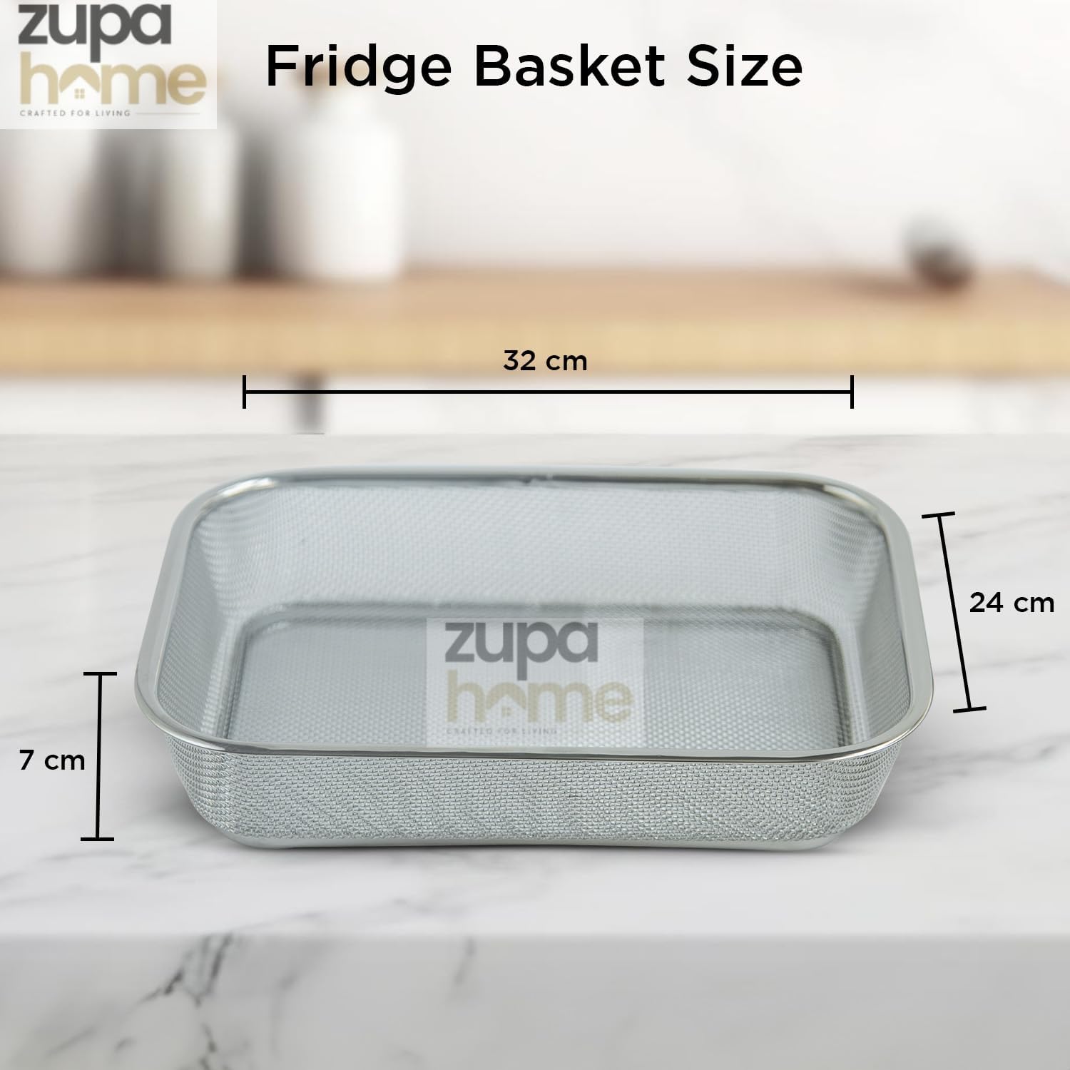 Zupa Rust-Proof Stainless Steel Rectangular Strainer & Storage Basket | Multipurpose Fruit, Vegetable & Fridge Organizer (Silver) | 32 X 24 X 7 CM 4