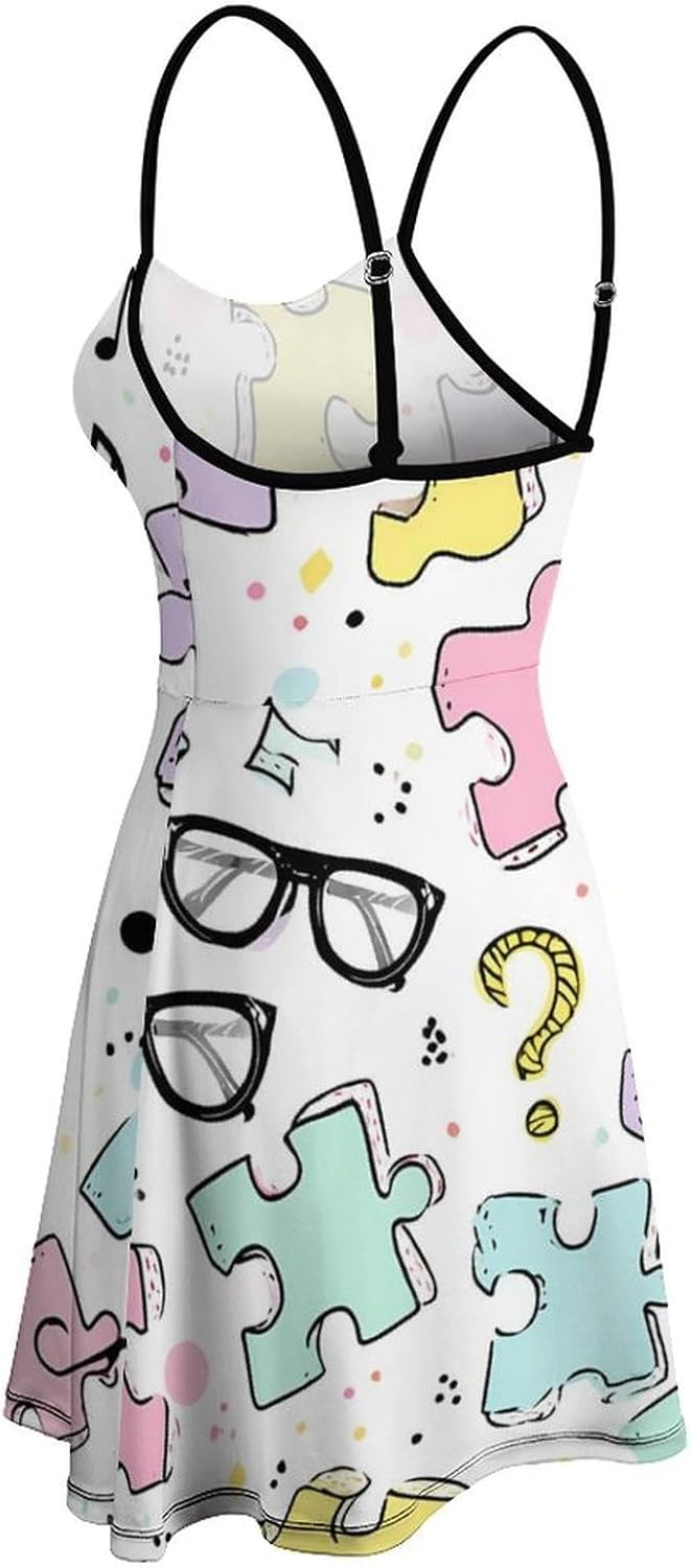 Cute Colorful Puzzle Pieces Short Cami Dress for Women Adjustable Spaghetti Strap Flowy Sundress Beach Vacation