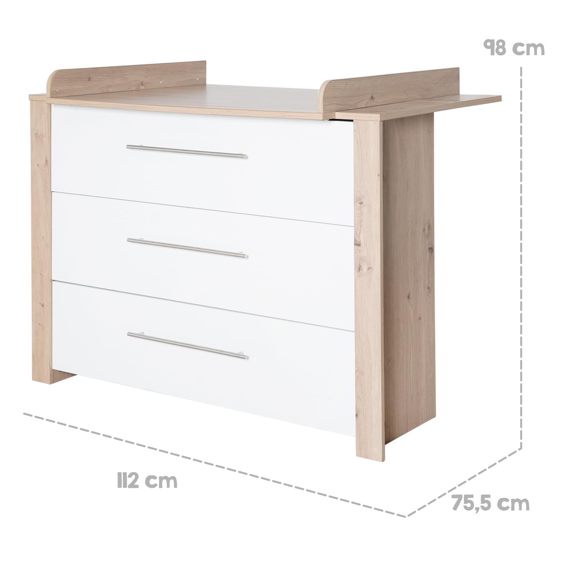 roba Commode à Langer Malo - 3 Tiroirs à Extension Totale - Plan Amovible - Convertible en Commode pour Le Salon - Poignées en Acier Inoxydable - Blanc/Chêne Clair, 1731863