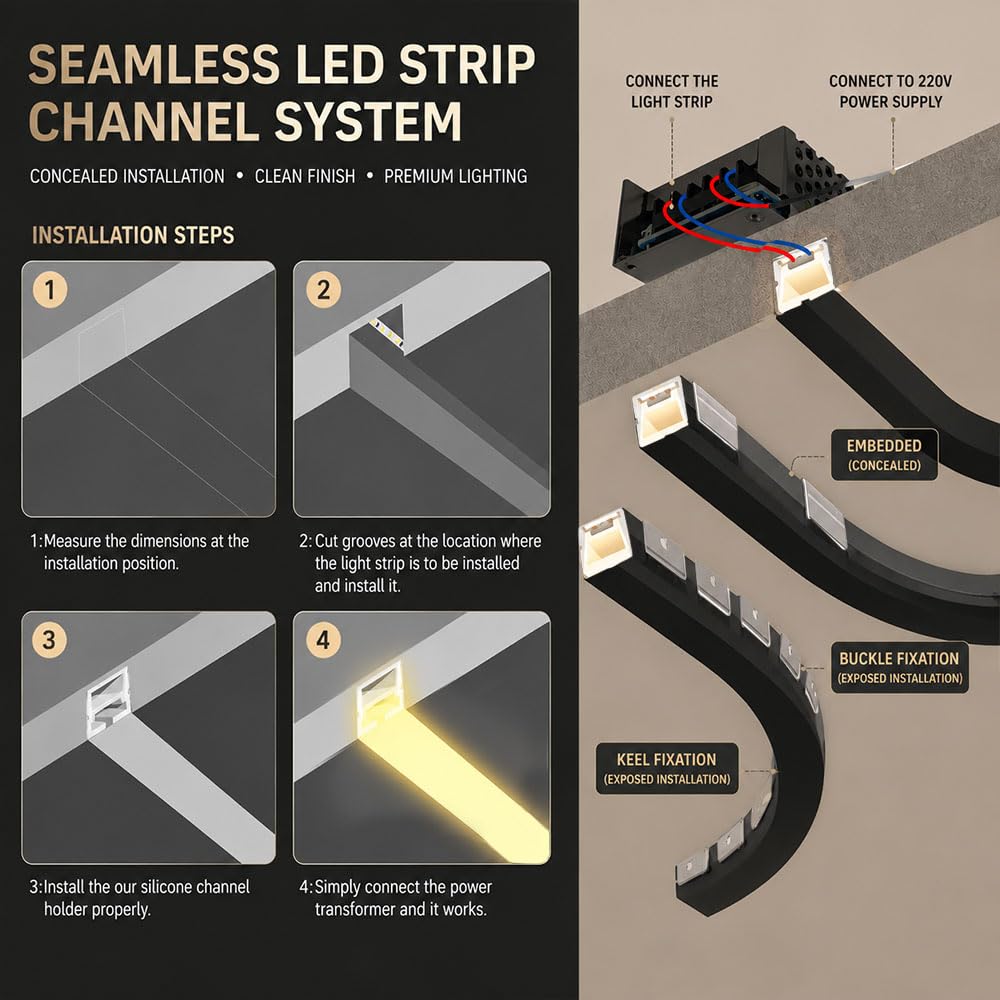 Profilo LED nero, 10 m, striscia LED in silicone flessibile, canale LED 12 × 12 mm, impermeabile IP65, tappi terminali e clip di montaggio, illuminazione al neon fai da te per soffitti