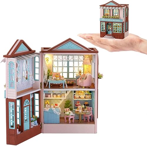 Miniatura 9 de Kit de muebles de casa de muñecas de madera en miniatura, mini casa de muñecas hecha a mano con LED, escala 124, juguetes creativos para
