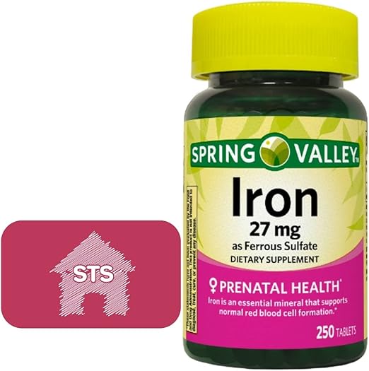 Spring Valley Iron as Ferrous Sulfate 27 mg, 250 Count + STS Home Sticker. Best Prenatal Vitamins