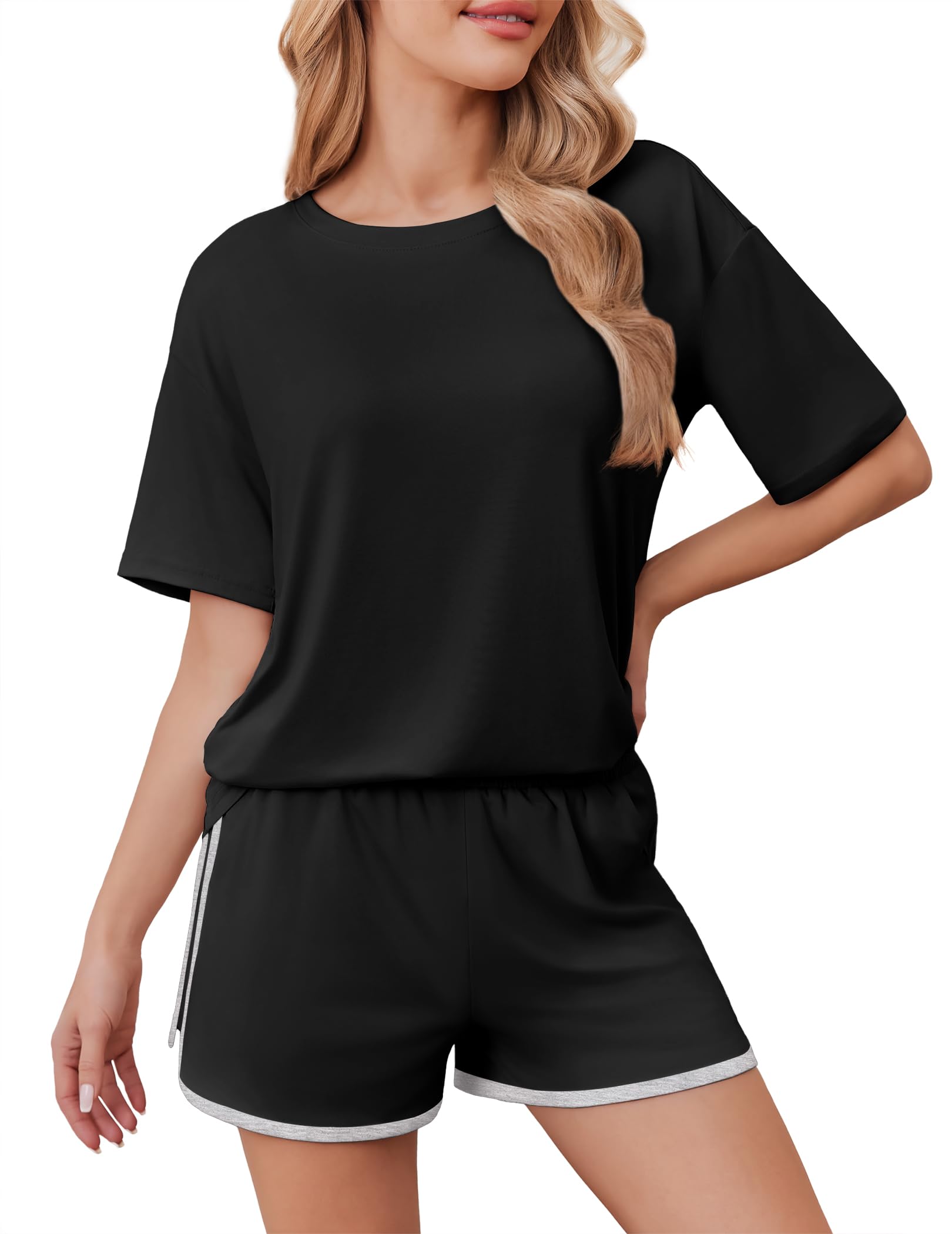 Ekouaer Soft Pajamas set for Women Loose Lounge Set Crew Neck T-Shirts Top and Sport Shorts Tracksuit with Pockets