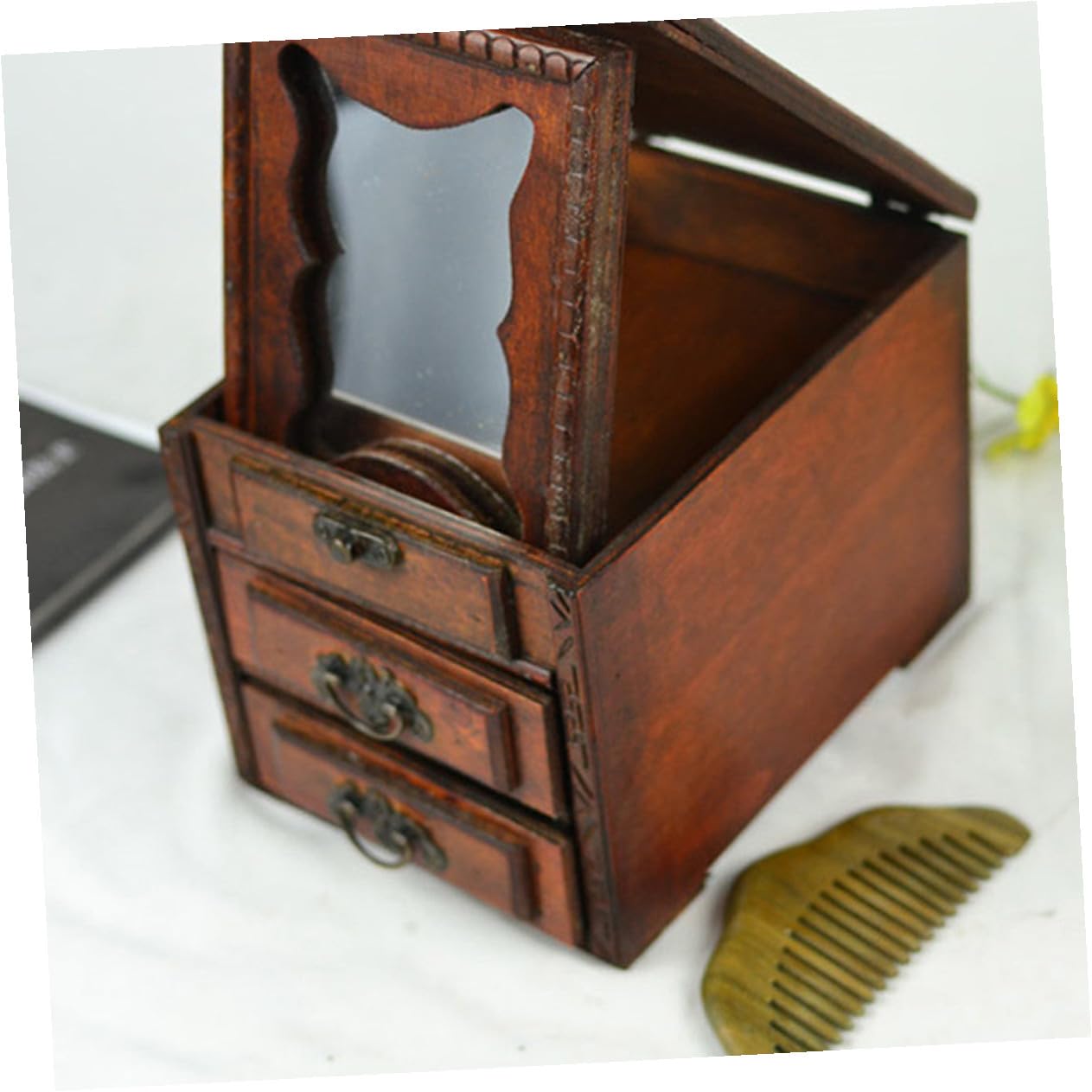 Joyero de Madera Organizador Elegante Estilo Chino Vintage con Espejo, Caja para Pendientes y Collar con Excelente Acabado para Almacenar Joyas en Días Obsequios