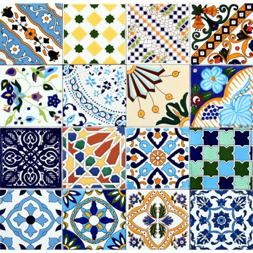 16 Mattonelle MISTE in ceramica smaltata. Pacco contenente 16 mattonelle decorate 15 X 15 cm spessore 0,6 cm - Mattonelle Tunisine realizzate con Serigrafia Artigianale. Adatte a rivestimento.