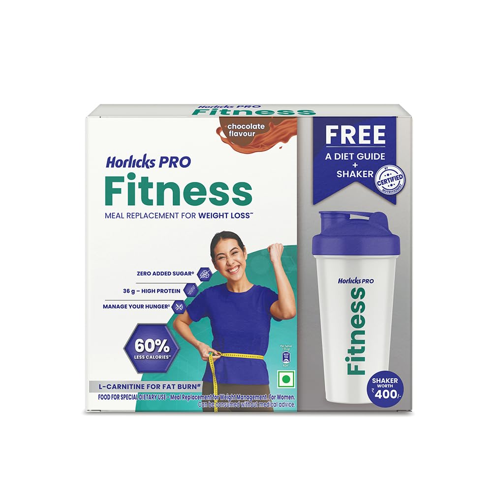 Horlicks PRO Fitness Chocolate 400g BIB, A Meal Replacement for Weight Loss with 60% Less Calories, L-carnitine for Fat Burn, High Protein & Fiber- No Added Sugar with a Free Shaker