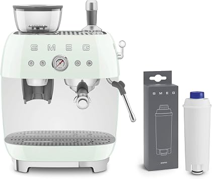 Smeg EGF03 Semi-Automatic Espresso Machine + Water Filter, Integrated Conical Burr Grinder, 58mm Portafilter, Pressure Gauge, Double Thermoblock Heating System Pastel Green