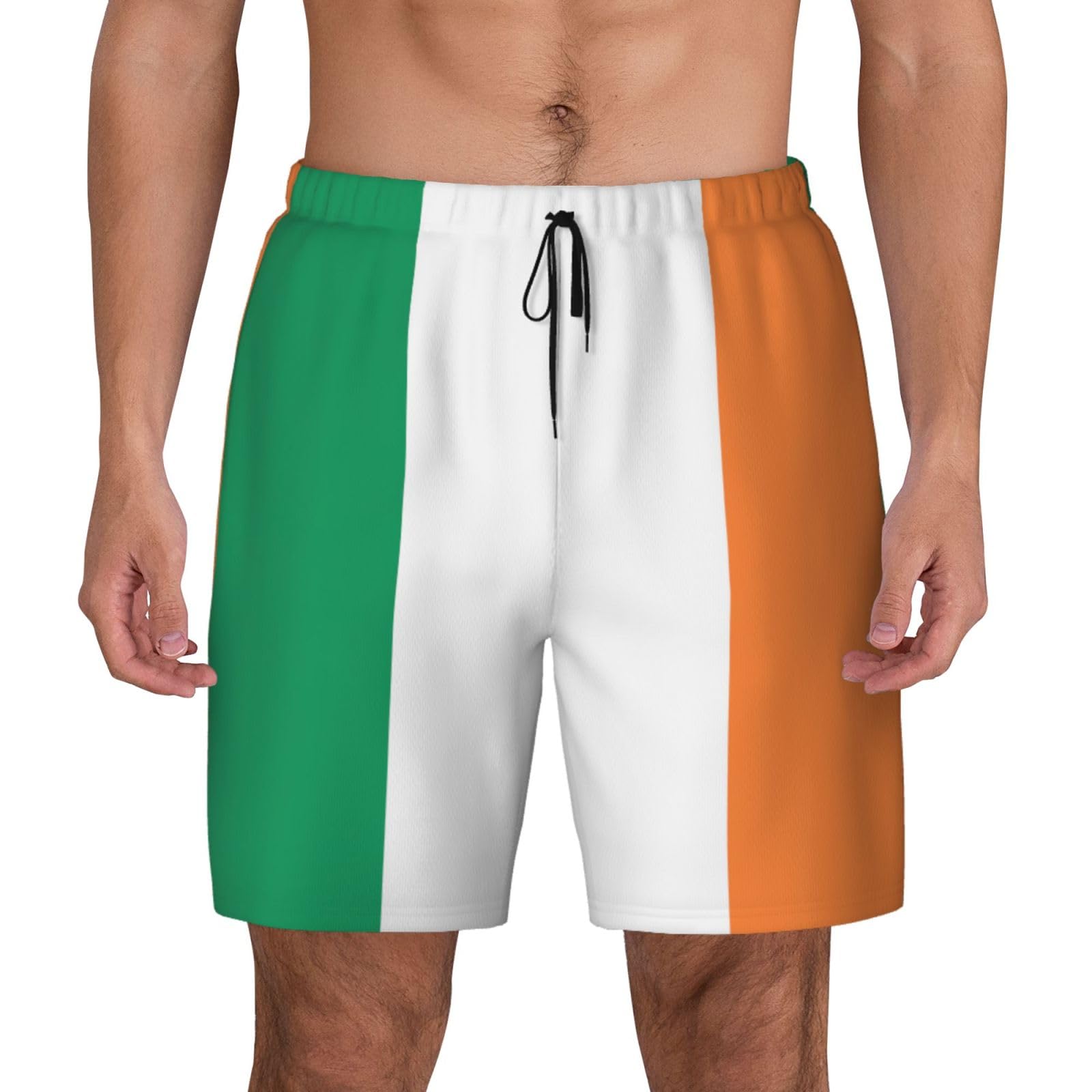 Irish Flag Mens Swim Shorts Trunks Quick Dry 2 in 1 Bathing Suit with Compression Liner and Pockets, Black, S Big