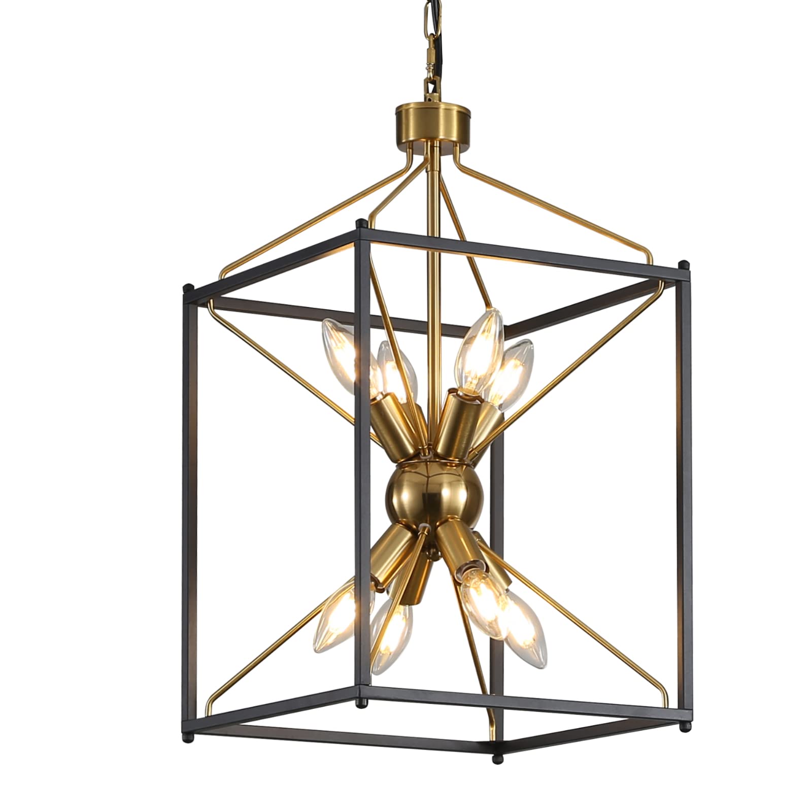 HONGREN Black and Gold Chandelier 8 Lights Lantern Pendant Light Fixture for Kitchen Island Farmhouse Square Ceiling Light for Dining Room Living Room Bedroom Entryway…