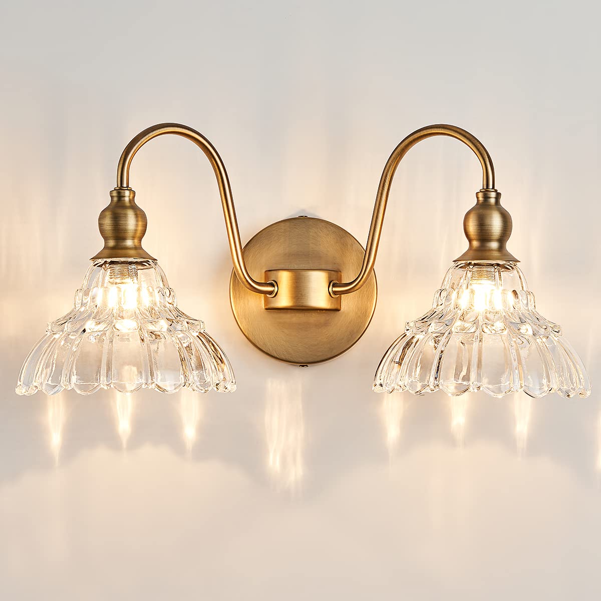Antique 2-Light Wall Sconce Modern BathroomVanity Light Gold Wall Light Made of Metal Body and Pressed Patterned Glass Retro Vanity Light for Bedroom, Bathroom, Doorway, Foyer, Hallway