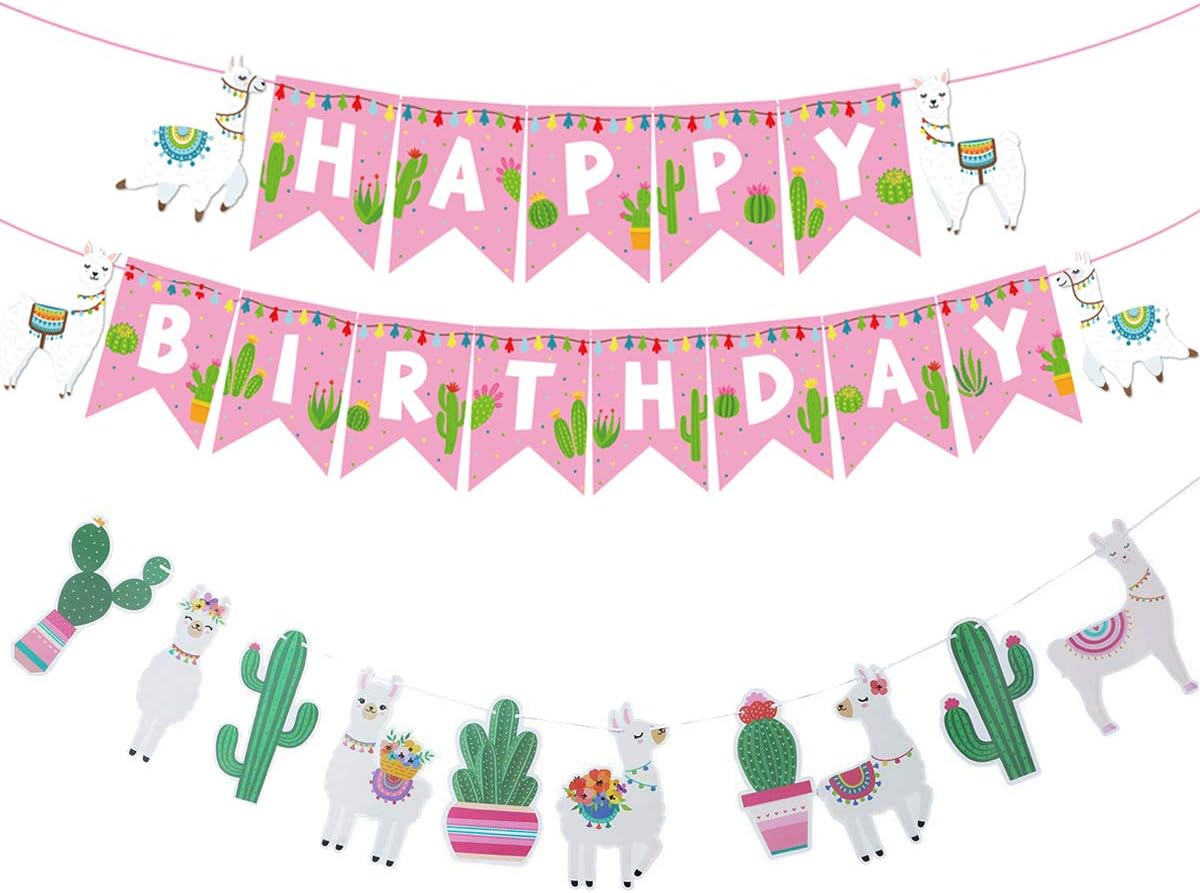 Llama Cactus Happy Birthday Banner Garland Decoration Set of 2 for Baby Shower Cino De Mayo Mexican Fiesta Centerpieces Party Graduation Supplies Hawaii Kids Llama Cactus Themed Party