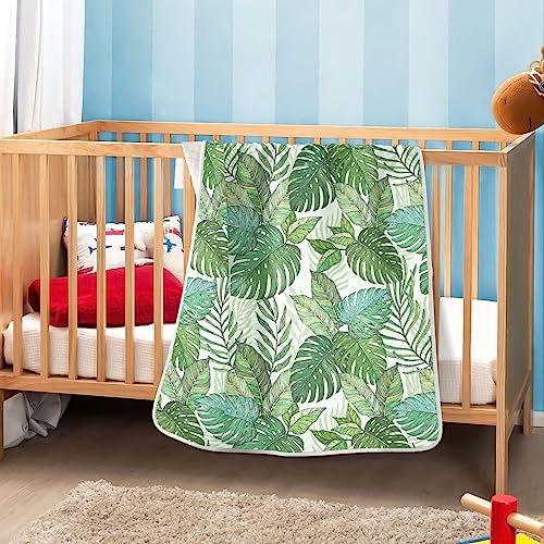 Image of Swaddle Blanket for Green Palm Tree Leaves Baby Receiving Blanket Muslin Baby Swaddles Soft Cotton Breathable Nursery Blankets for Unisex Boys and Girls 30x40 Inch