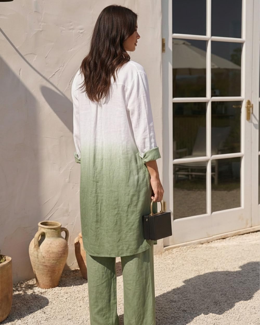 CHICME Women's 2 Piece Outfits Ombre Print Long Sleeve Blouse Casual High Waist Wide Leg Pants Set Without Belt - Image 3