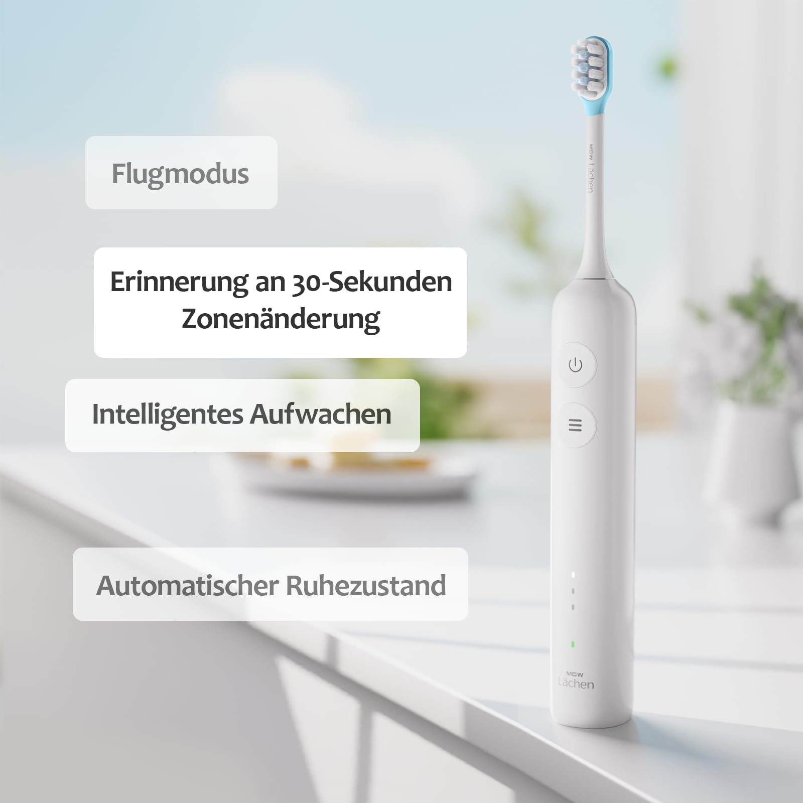 MGW Lächen - Cepillo de dientes eléctrico, oscilación y vibración, cepillo de dientes eléctrico silencioso con 4 cabezales de cepillo, 3 modos y 3 intensidades de vibración con bolsa de viaje (blanco)
