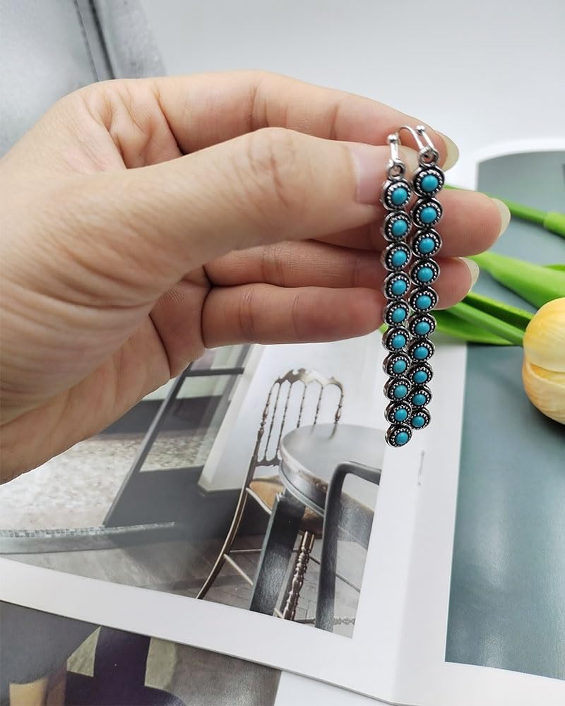 Bohemian Turquoise Dangle Earrings for Women, Western Vintage Earrings Long Turquoise Drop Earrings Fashion Jewelry Gifts - Image 3