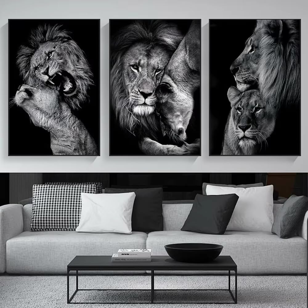 IHHGNB 3pcs Modern Lion Family Canvas Wall Art Black and White Animal Poster Pints for Bedroom Aesthetic Wall Art Home Decor(70x90cm(26x35in) x3/No frame)
