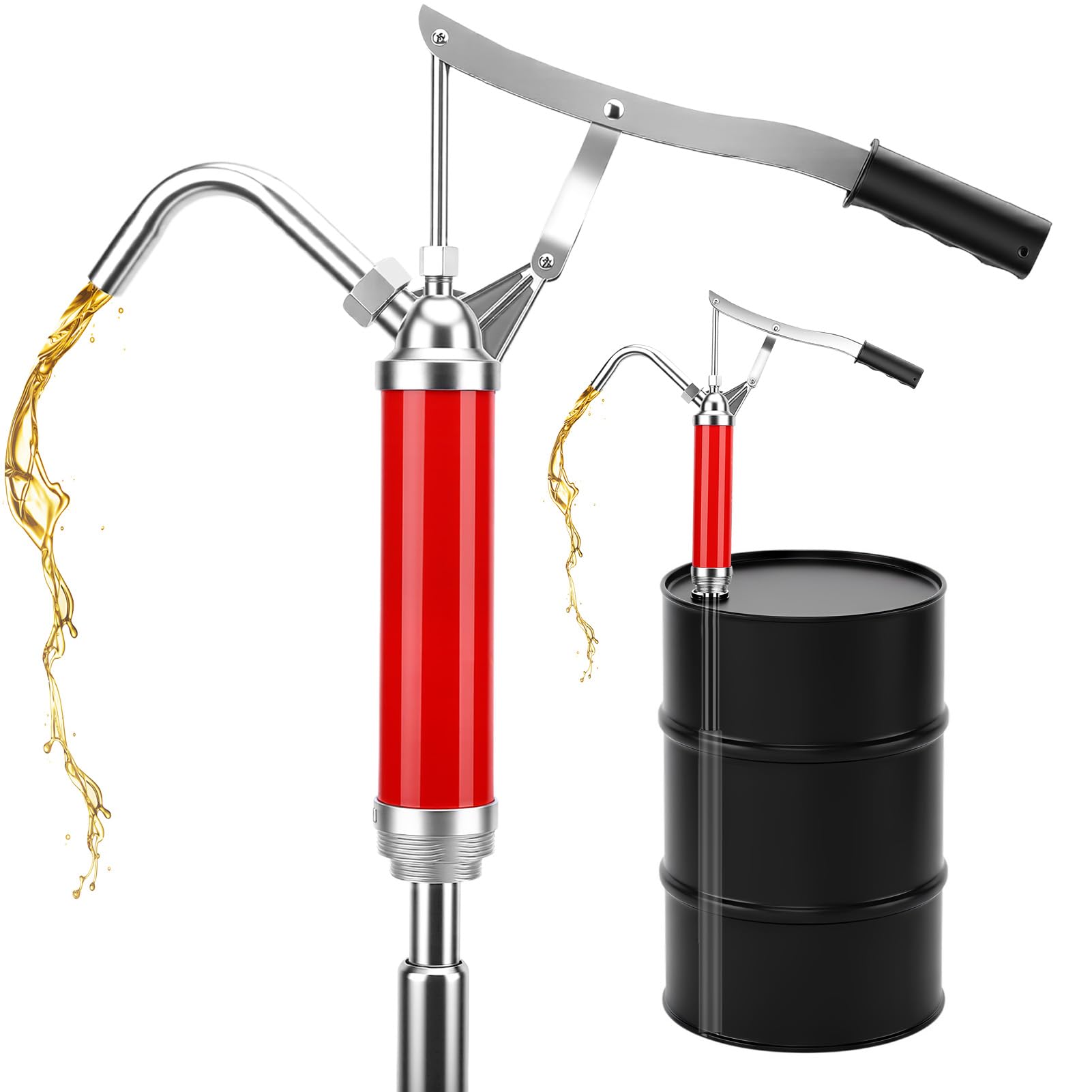 Pompe à Levier pour Fûts à Huile pour Tambour de 15 à 55 Gallons, Débit 28 L/Min, Rouge Pompe à Baril Manuelle avec Tube d'Huile Rétractable de 45 à 88 Cm pour l'Extraction de Huile Combustible
