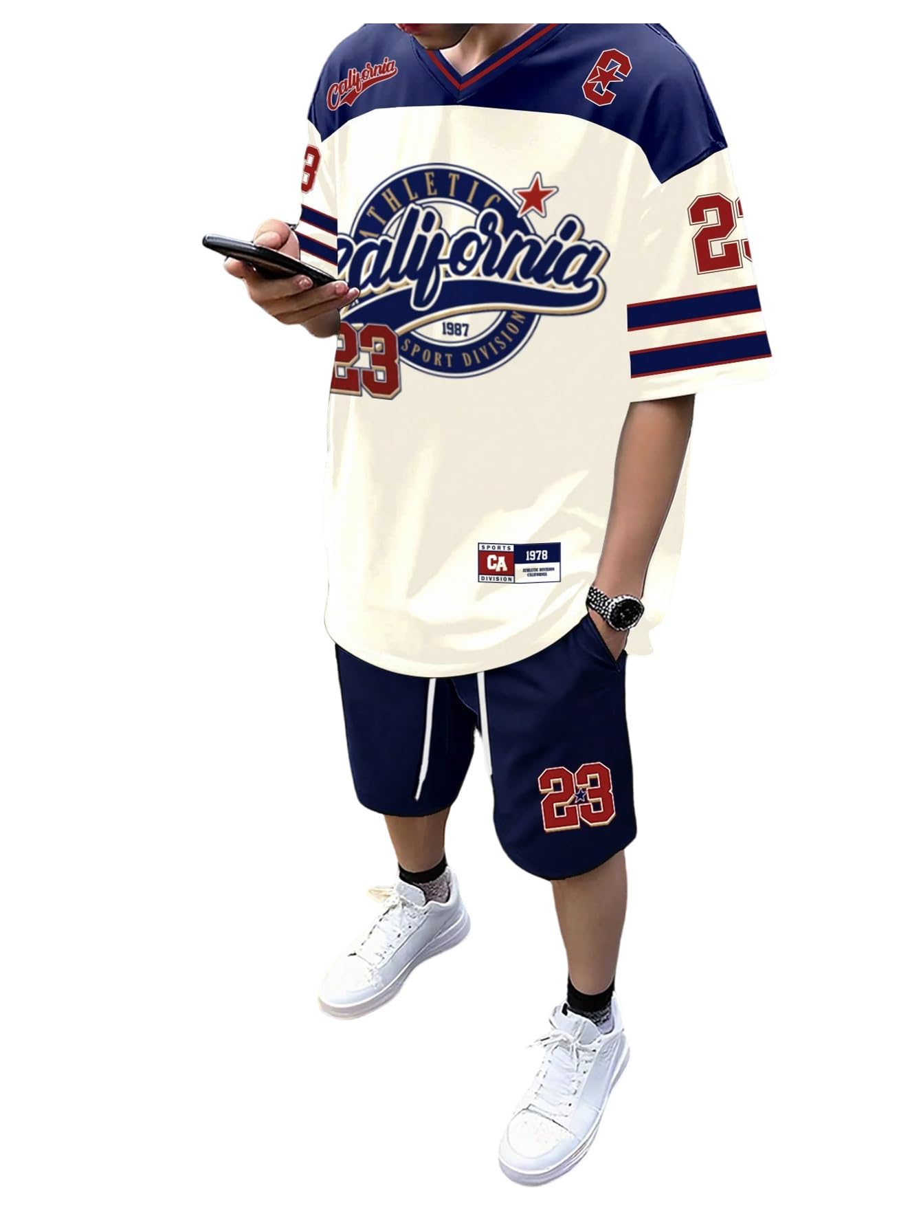 VIPWOLF Men's 2 Piece Basketball Athletic Set V Neck Oversized Number Graphic Jersey Shirts and Shorts Gym Clothes