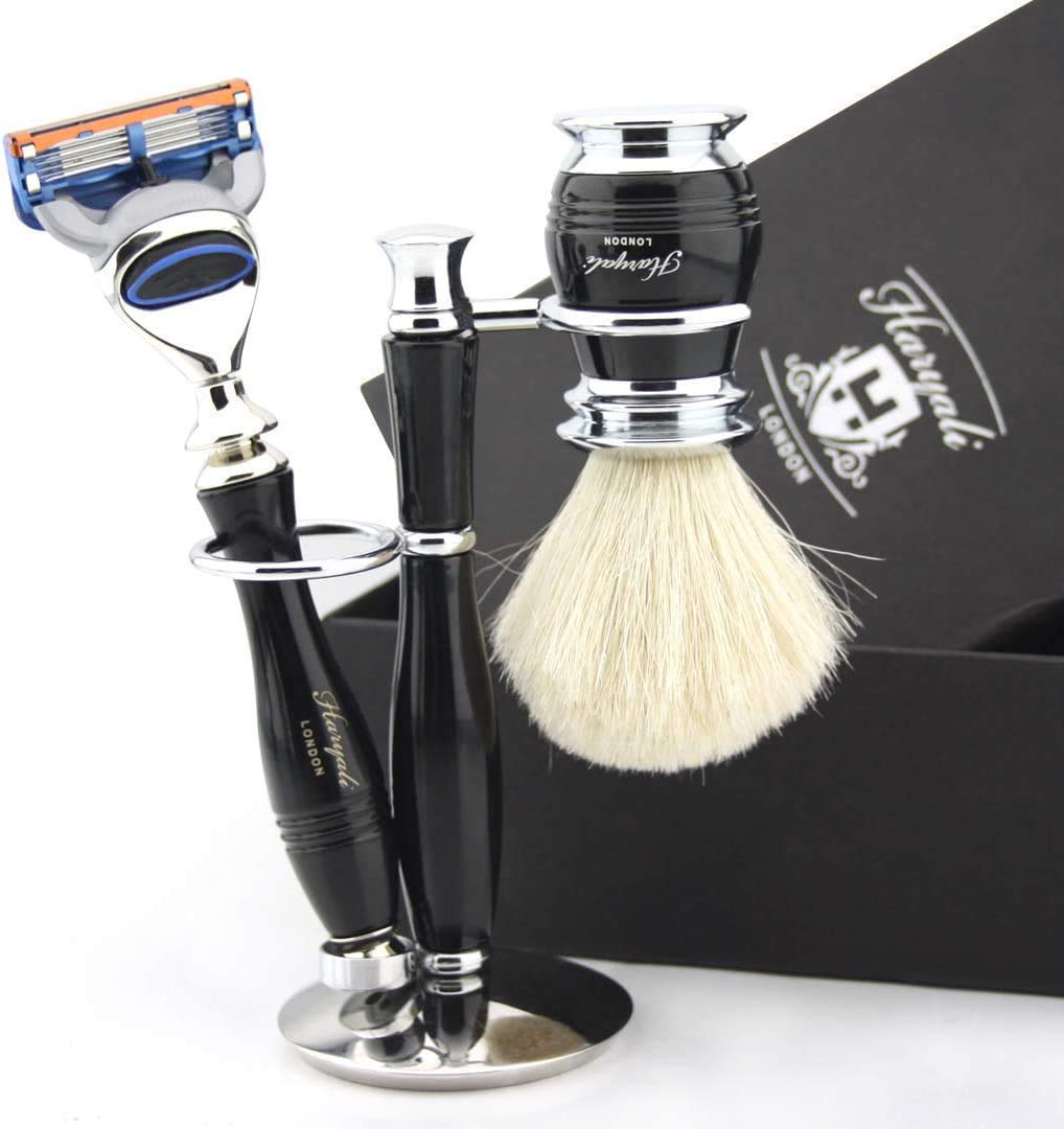 Haryali London, set completo da barba per uomo: rasoio a 5 lame, pennello da barba in pelo sintetico e supporto tradizionale per la rasatura a umido.