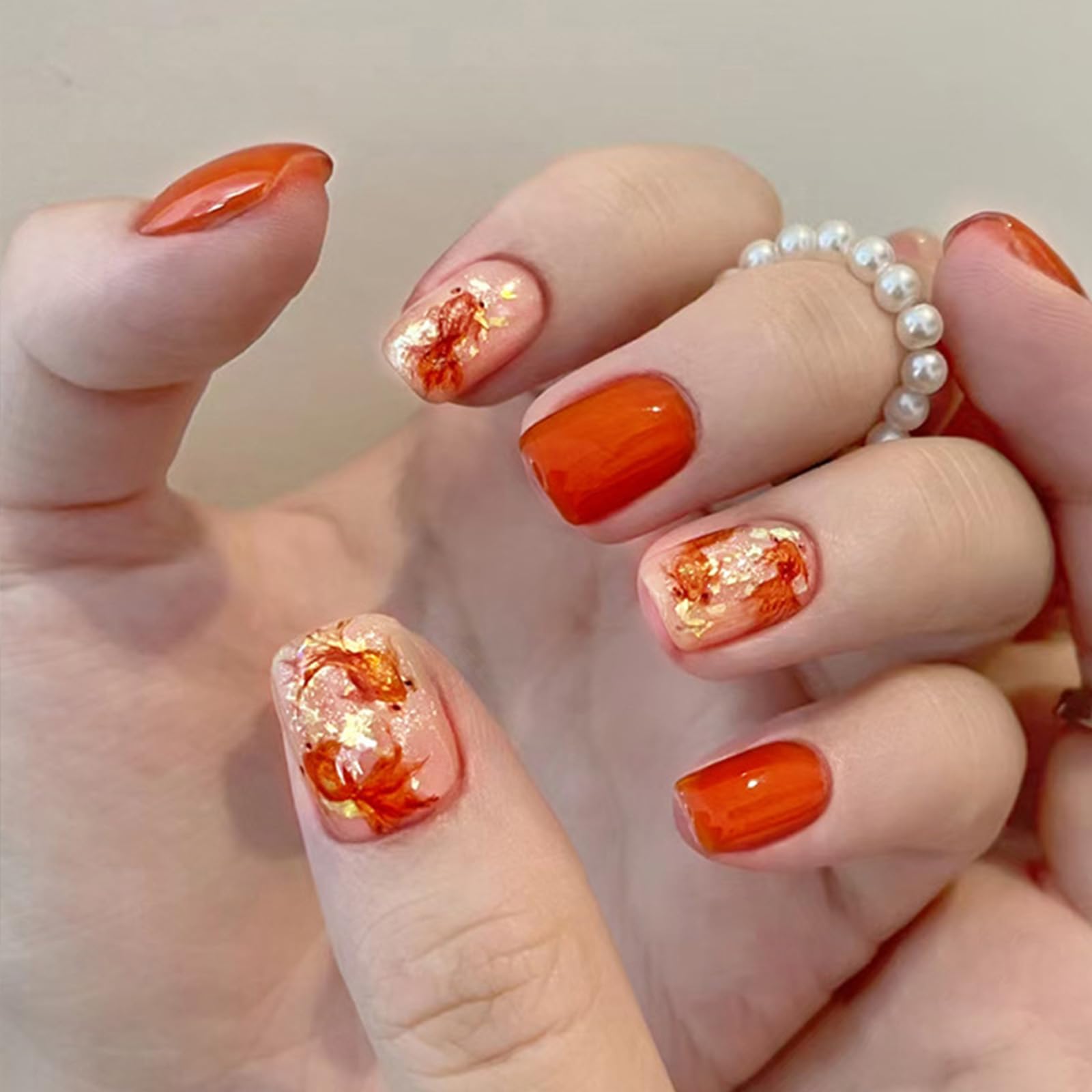 Orange Press on Nails Short Square Fake Nails Gold Foil Glue on Nails Koi Fish Acrylic Nails Glossy Full Cover Stick on Nails for Women Girls Manicure