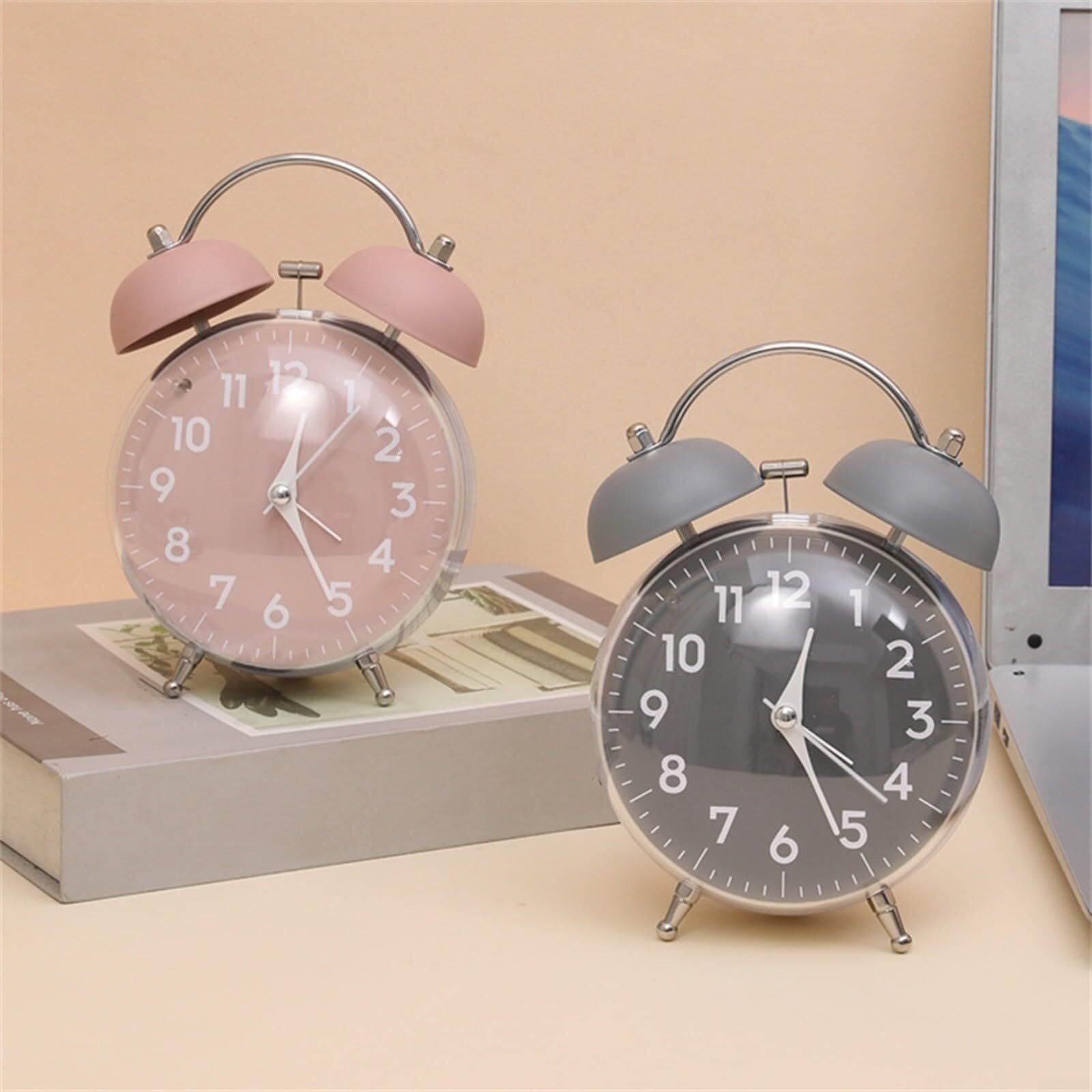 Vintage-Tischwecker aus Metall mit Zwei Glocken und lautem Nachtlicht for Zuhause, Büro, Studentenwohnheim oder Nachttisch wecker analog(Grey)