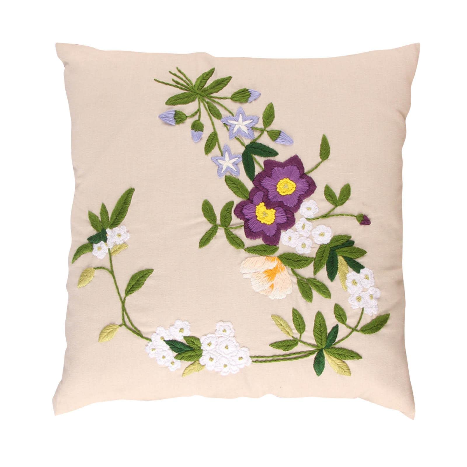 KBOLAE Pillow Cover Cross Stitch Embroidery Pillowcase Kit Purple Flowers