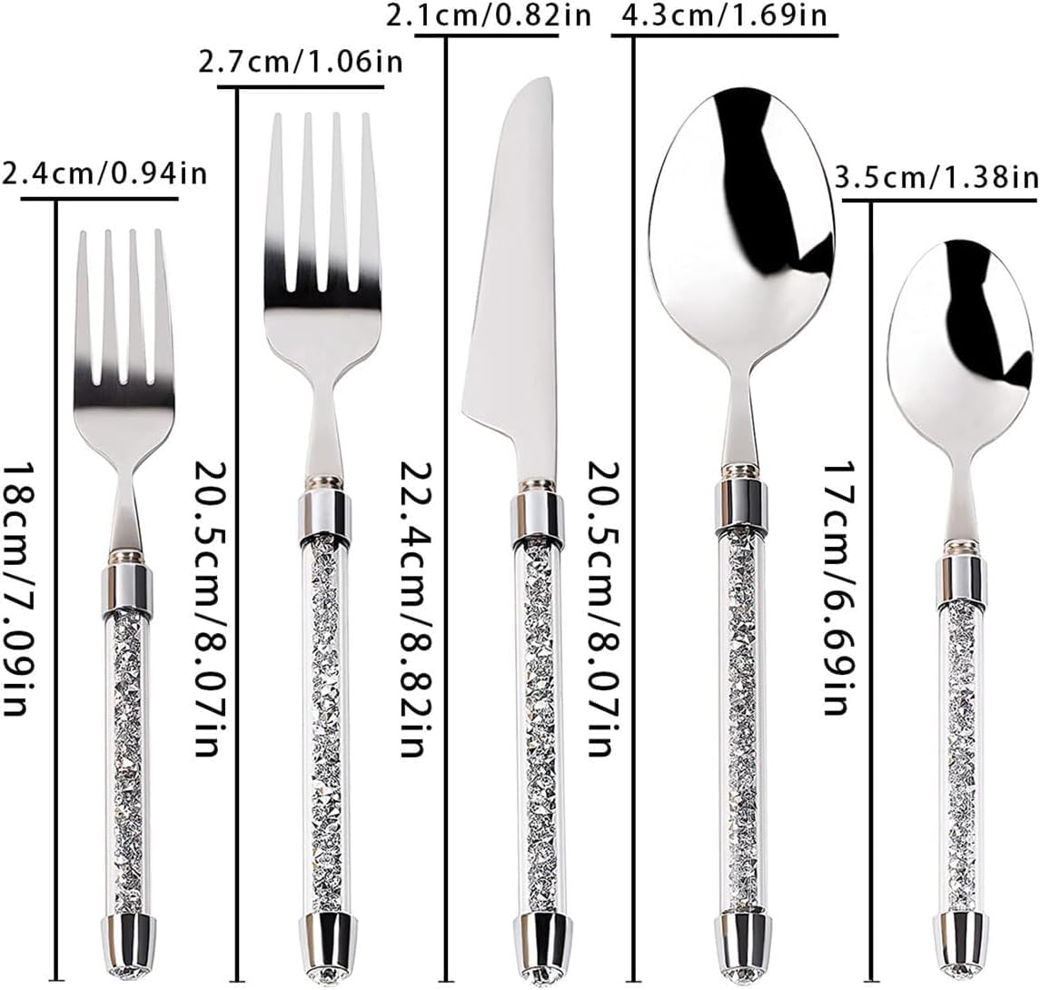 Ce Service de Couverts de 40 pièces en Acier Inoxydable avec Manches en Cristal est idéal pour 8 Personnes. La Vaisselle polie Miroir est Parfaite pour la Maison, la Cuisine et Les restauran