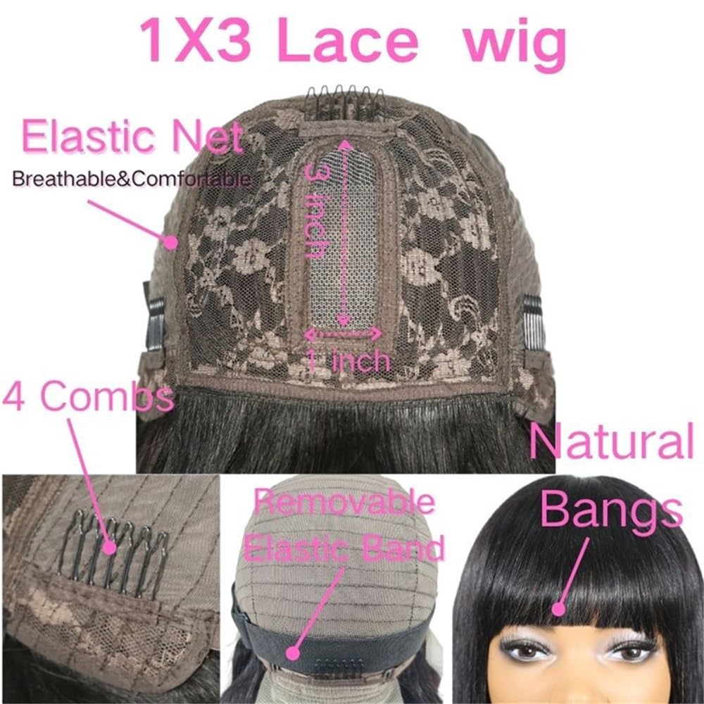 Warstwowe Highlight 1b/30 Bezglueless Bob Wig z grzywką do noszenia na co dzień, 3 x 1 cali koronkowe igi ludzkie włosy 180 Density dla czarnych kobiet (6 cali)