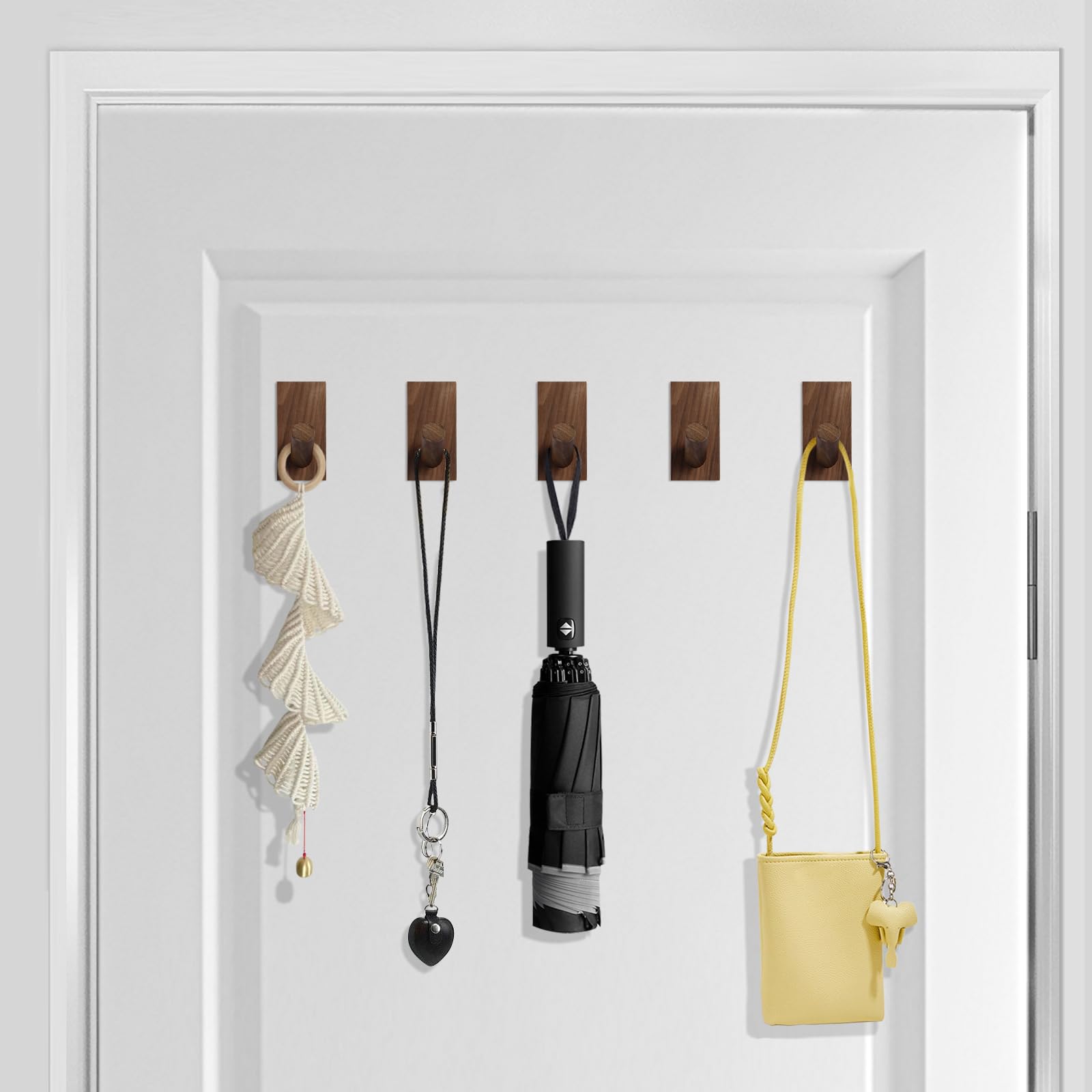 SIAMESE Ganchos de pared de madera, 4 ganchos de madera para colgar en la pared, para bata, toalla, sombrero, llaves, bolsa, ropa en la entrada, dormitorio o armario (madera de nogal)