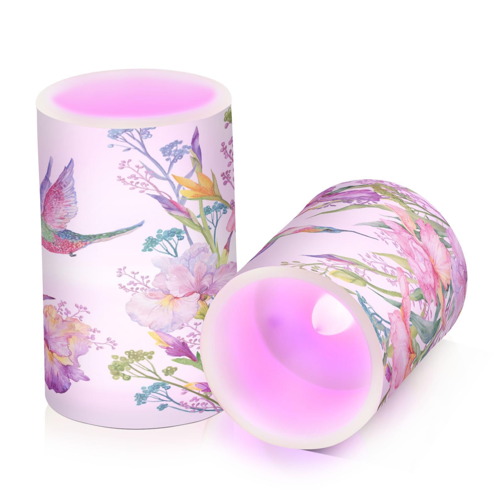 Kcldeci Flameless Candles Iris and Hummingbird Battery Operated Candle LED Flameless Candles Remote Control Candles Outdoor LED Flameless Pillar Candles Set of 2