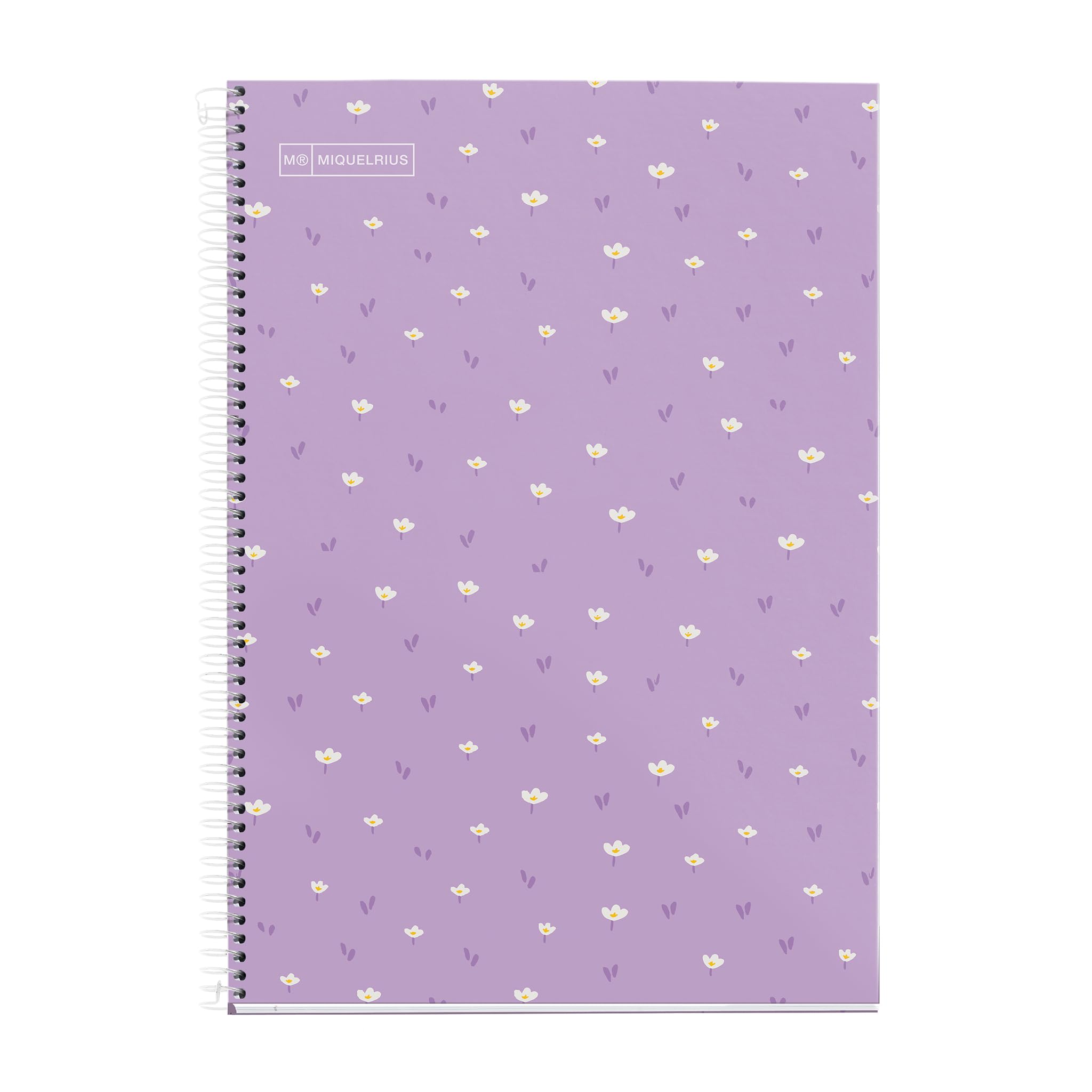 Miquelrius - Cuaderno Escolar 4x4 mm, Tamaño Folio (215 x 309 mm), 80 Hojas de 90 g/m², Cuadrícula 4x4 mm con margen, Encuadernado Espiral, Cubierta rígida, Diseño flores violetas